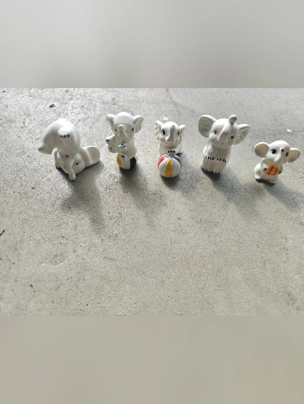 5 Vintage Brinns Circus Elephants Figurines Bone China Ball Trunks-Up Good Luck